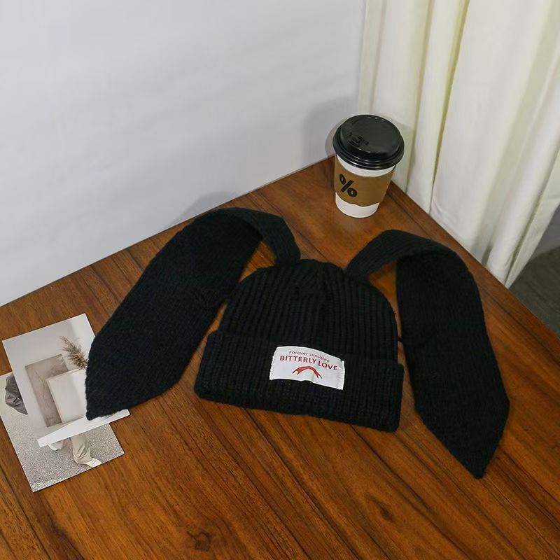 Korean Style Sweet Cute Cat Ear Knitted Hat for Women, Autumn and Winter Warm Ear Protection with Letter Patch, Versatile Knit Hat