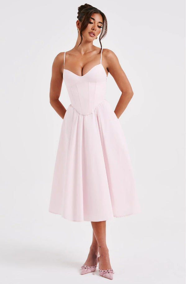 French Retro Solid Color Sleeveless Fishbone Dress2024Winter New Fresh and Elegant V Collared Waist-Cinching Mid-Length Skirt