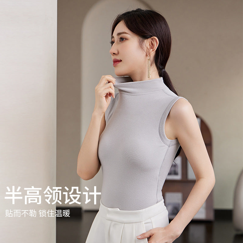 Slim Fit Half Turtleneck Vest Versatile for Autumn and Winter8811Slimming Solid Color Fashion Black Sleeveless Vest for Women