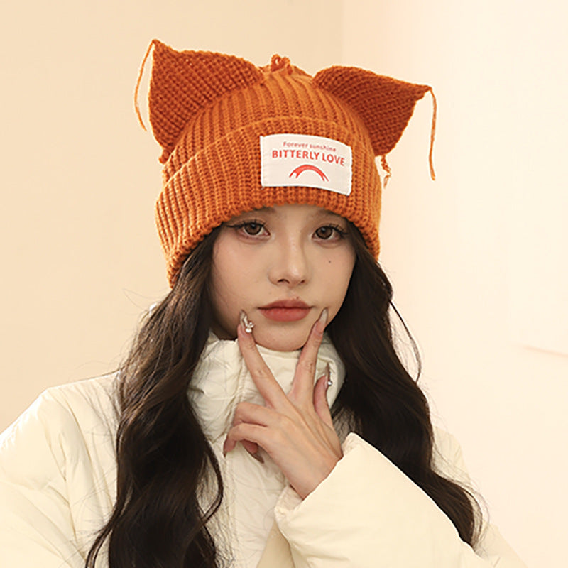 Korean Style Sweet Cute Cat Ear Knitted Hat for Women, Autumn and Winter Warm Ear Protection with Letter Patch, Versatile Knit Hat
