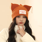Korean Style Sweet Cute Cat Ear Knitted Hat for Women, Autumn and Winter Warm Ear Protection with Letter Patch, Versatile Knit Hat