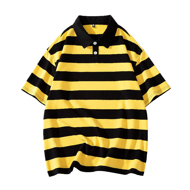 Star Style Classic Short Sleeve Unisex Summer New Loose Fit Trendy Brand Solid Color Couple Hong Kong Style Double Pearl Cotton Short Sleeve T Shirt Lapel POLO Shirt