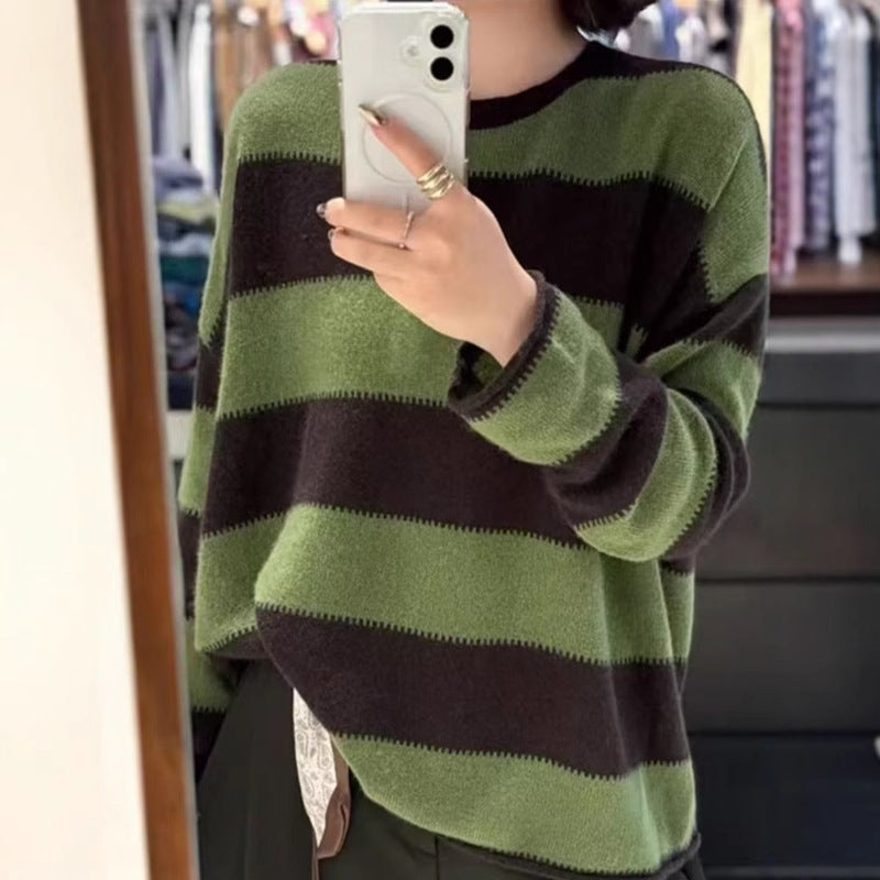 High-Quality Wool Fleece Feel Color-Block Crew Neck Sweater Loose Knitwear Wool Sweater for Women Australian Green