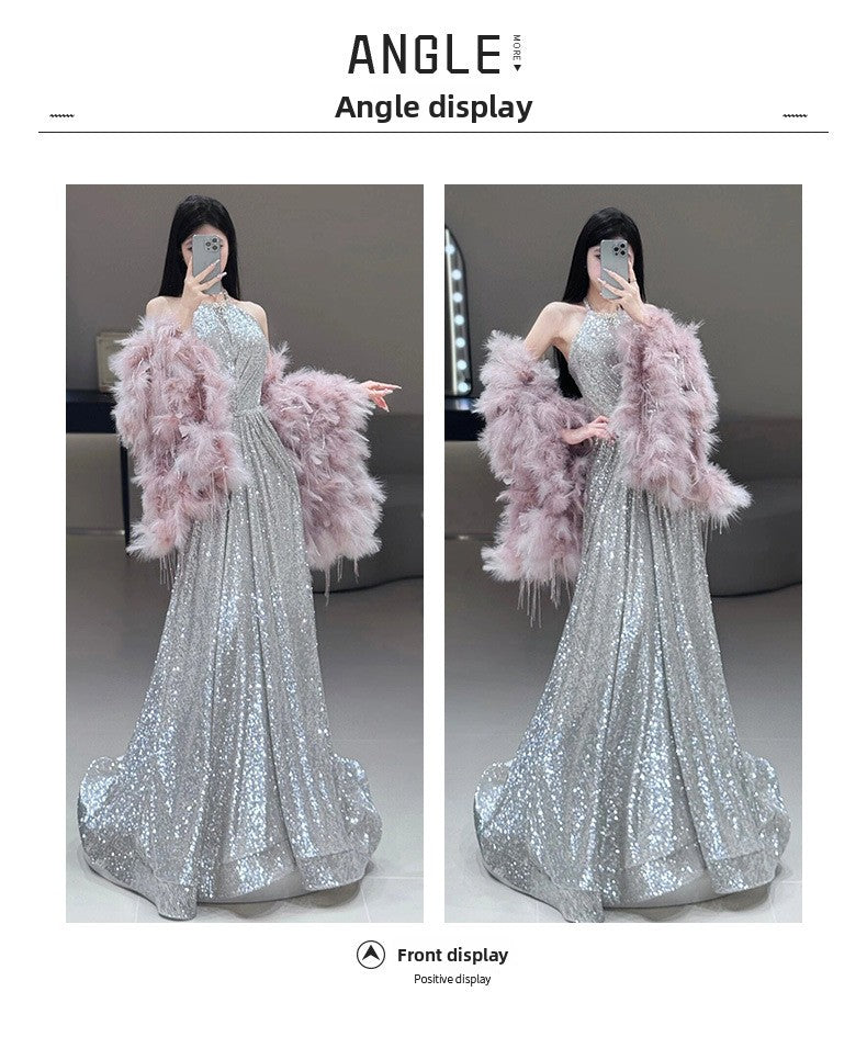 French-style Halter Neck Toasting Dress for Bride2025New Light Luxury Elegant Pink Feather Shawl Sequin Evening Dress