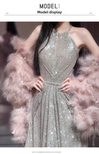 French-style Halter Neck Toasting Dress for Bride2025New Light Luxury Elegant Pink Feather Shawl Sequin Evening Dress