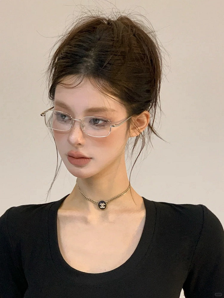 Same Style as Stars2026Latest Square Frame Gold Wire Edge Glasses Frame for Women Trendy Concave Shape Narrow Frame Small Face Retro Can Be Paired with Prescription Lenses