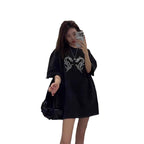 100%100% Cotton Fashion Trendy Brand Short Sleeve t Korean Style Women's Loose Hong Kong Style Heavy Rhinestone Slimming Half Sleeve Top