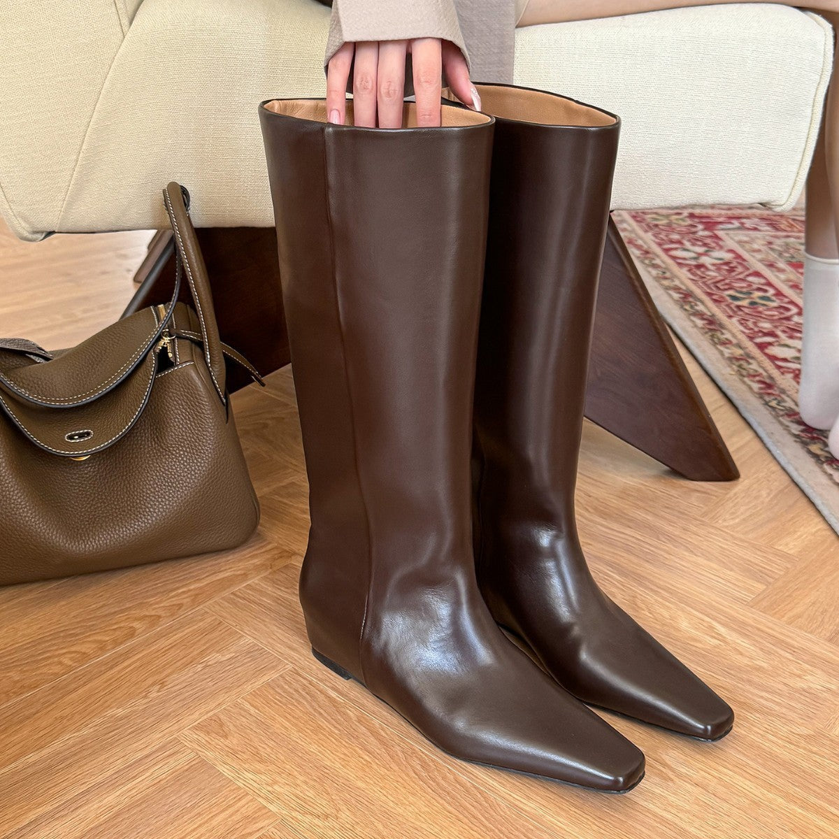 Star Custom Celebrity Cowhide Melad Wide Tube Square Toe Women's Riding Boots with Hidden Heel, Slimming Long Boots, Over-the-Knee Comfortable Boots