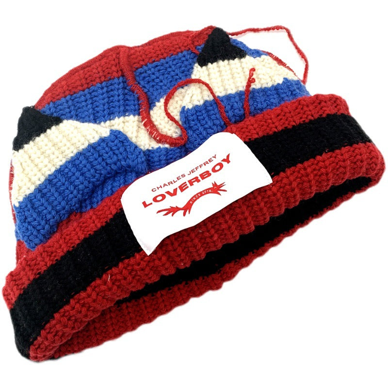Winter Hat for Women Korean Style Knitted Cat Ear Hip-Hop Beanie Personalized Letter Warm Pullover Hat Internet Celebrity Same Style