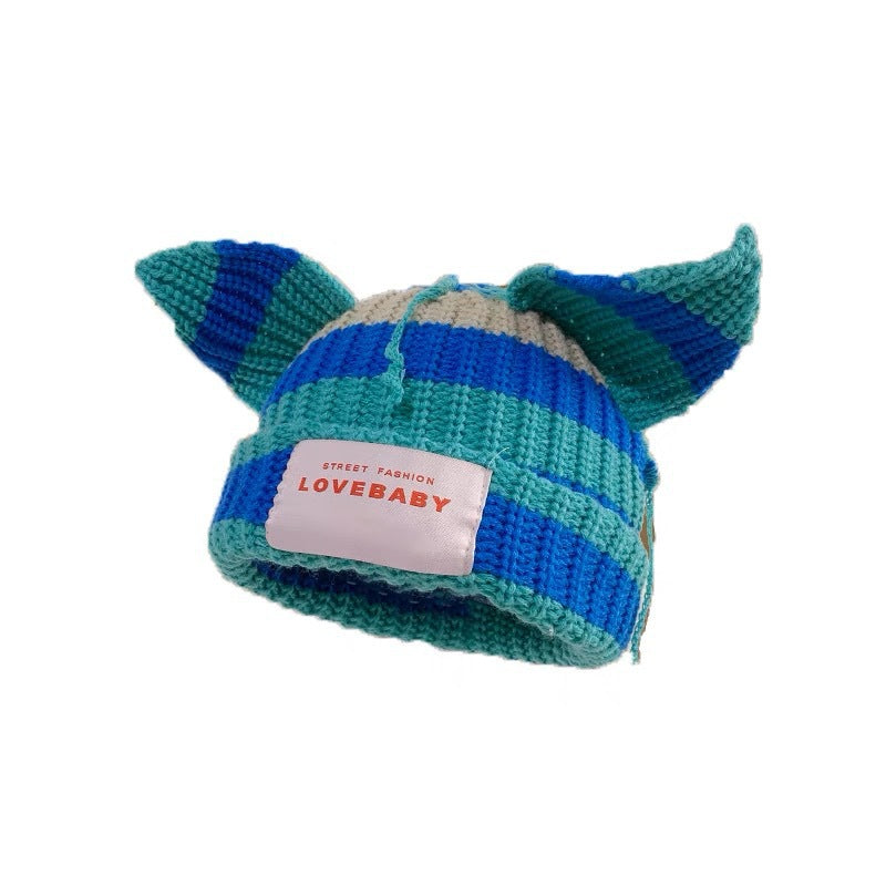 Winter Hat for Women Korean Style Knitted Cat Ear Hip-Hop Beanie Personalized Letter Warm Pullover Hat Internet Celebrity Same Style