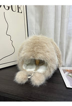 Cute Rabbit Lei Feng Hat with Ears, Plush Hat for Women, Winter Fox Fur Thickened Warmth, Cold Protection, Ear Protection, Head Wrap Hat for Women