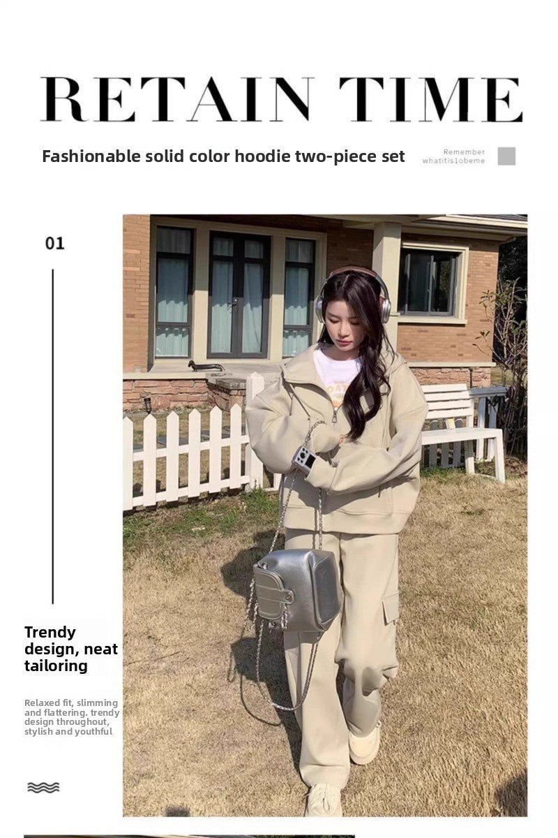 High-End Casual Sports Suit for Women, Autumn and Winter, Petite Workwear Style, Sweatshirt and Sweatpants Two-Piece Set, Early Autumn Complete Set