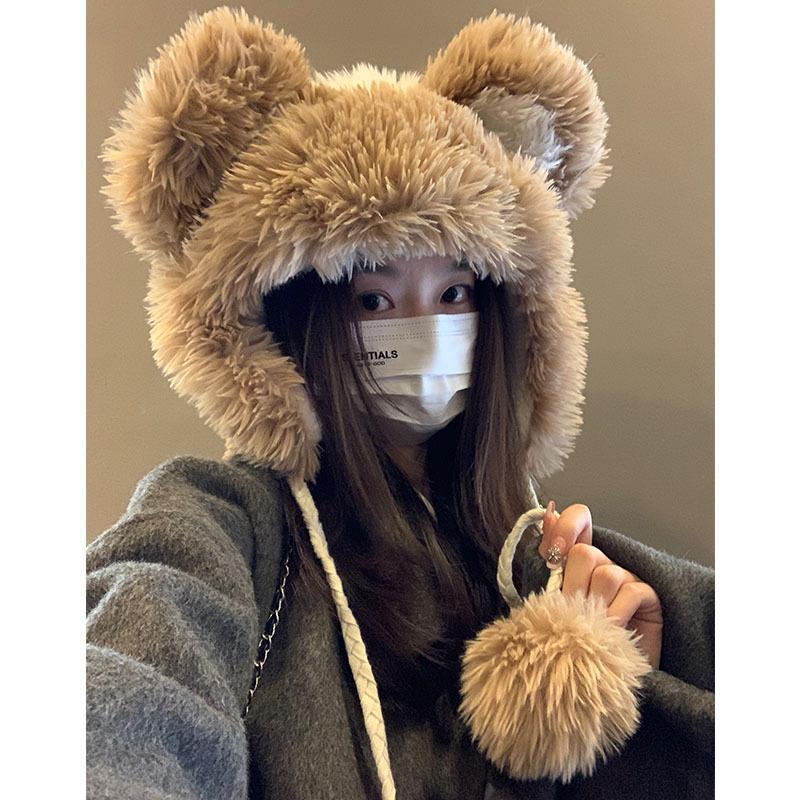 Women's Hat2024New Fluffy Cute Bear Thickened Warm Hat for Autumn and Winter, Big Head Circumference, Face Slimming Pullover Hat