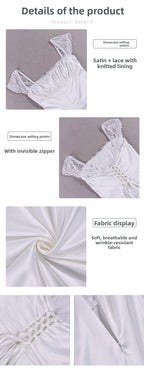 Square Neck Strap Dress Sexy Satin Lace Backless Hip-Mid Skirt Dress