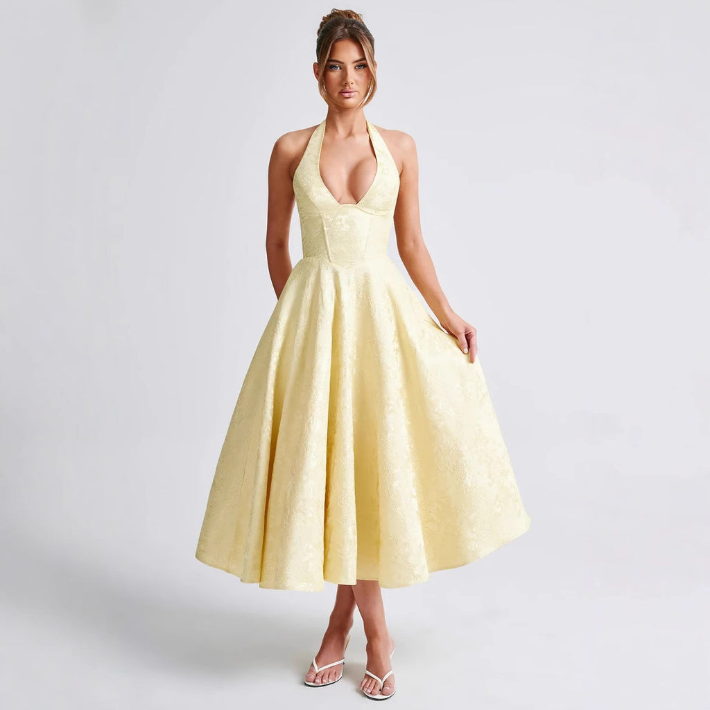 New V Collared Halter Neck Sleeveless Jacquard Tie Waist Dress Mid-Length High-End Formal Dress Trendy