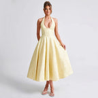 New V Collared Halter Neck Sleeveless Jacquard Tie Waist Dress Mid-Length High-End Formal Dress Trendy