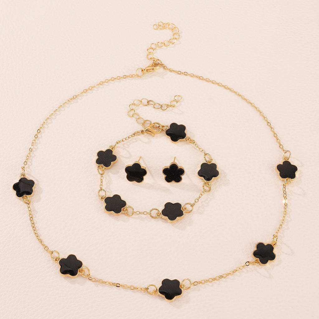 Same Style as Stars2025New Five-leaf Clover Jewelry Set for Women Simple Petal Necklace Five-leaf Flower Bracelet Ring Earrings4Set shipped together for safety