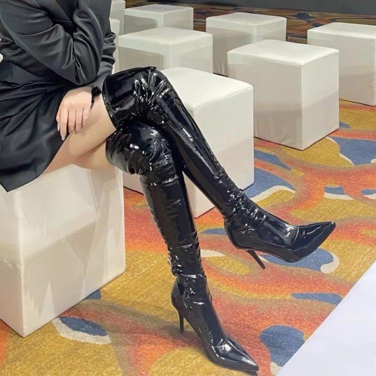 2025New Large Size Pointed Toe Back Zipper Stiletto Heel Women's Boots Over-the-Knee Bright Leather Long Boots