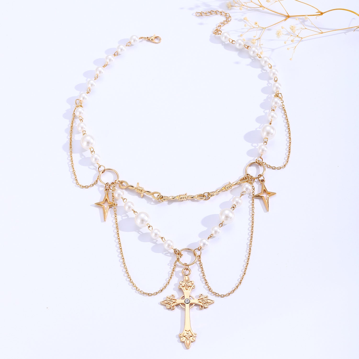 Celebrity Style Jewelry Niche Design Hot Girl Imitation Pearl Tassel Heart Cross Butterfly Versatile Necklace for Women