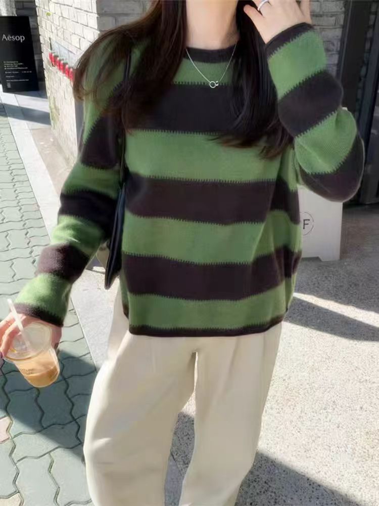 High-Quality Wool Fleece Feel Color-Block Crew Neck Sweater Loose Knitwear Wool Sweater for Women Australian Green