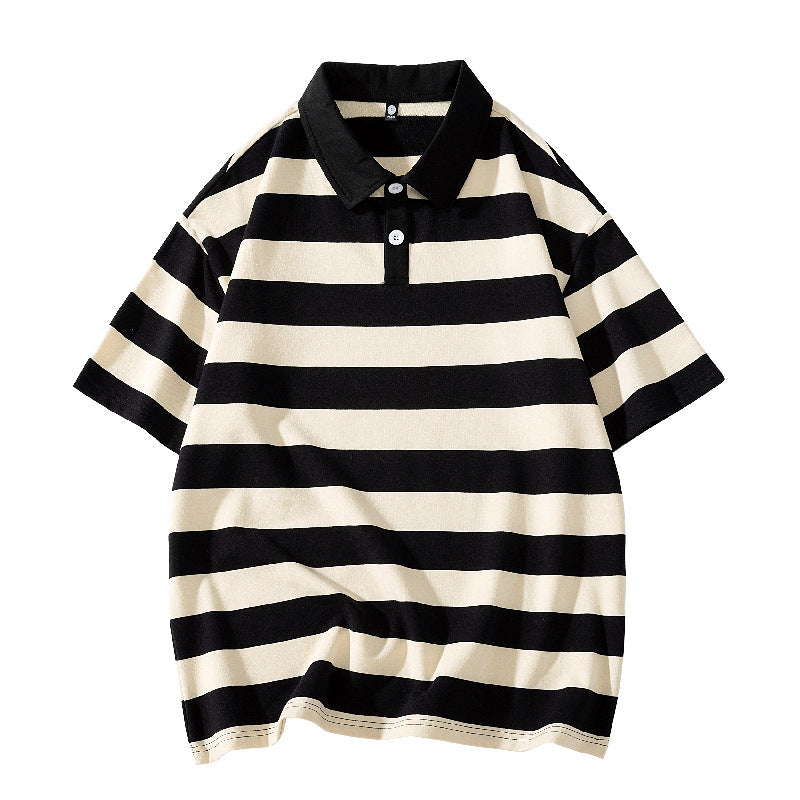 Star Style Classic Short Sleeve Unisex Summer New Loose Fit Trendy Brand Solid Color Couple Hong Kong Style Double Pearl Cotton Short Sleeve T Shirt Lapel POLO Shirt