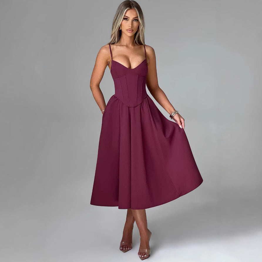 French Retro Solid Color Sleeveless Fishbone Dress2024Winter New Fresh and Elegant V Collared Waist-Cinching Mid-Length Skirt