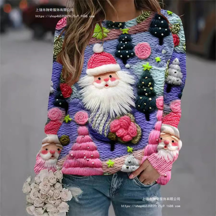 Autumn and Winter Santa Claus Round Neck Sweatshirt Ladies Color3D Printed Unisex Christmas Tops