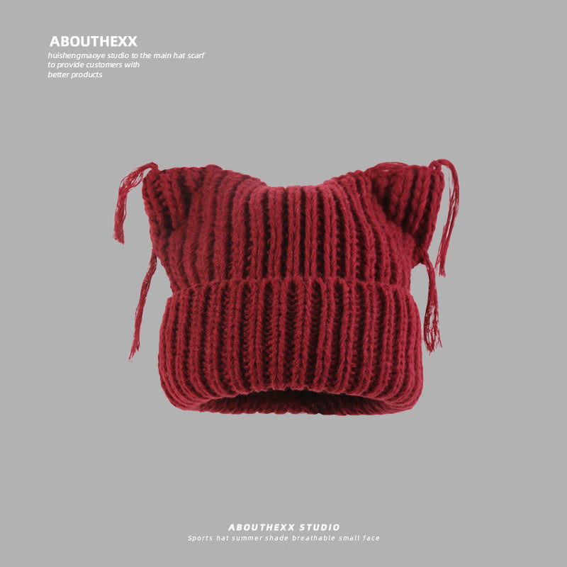 Same Style as Stars2025Winter Essential Cat Ear Tassel Hat for Women, Thickened Warm Knitted Hat, Fashionable Versatile Autumn Winter Cute Quality Style