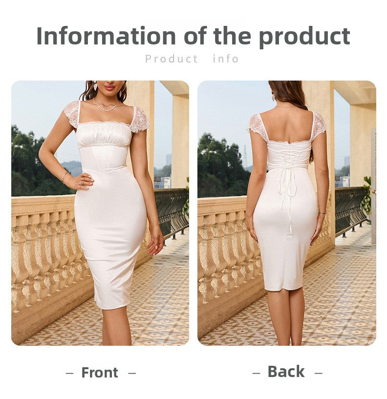 Square Neck Strap Dress Sexy Satin Lace Backless Hip-Mid Skirt Dress