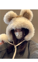 Women's Hat2024New Fluffy Cute Bear Thickened Warm Hat for Autumn and Winter, Big Head Circumference, Face Slimming Pullover Hat