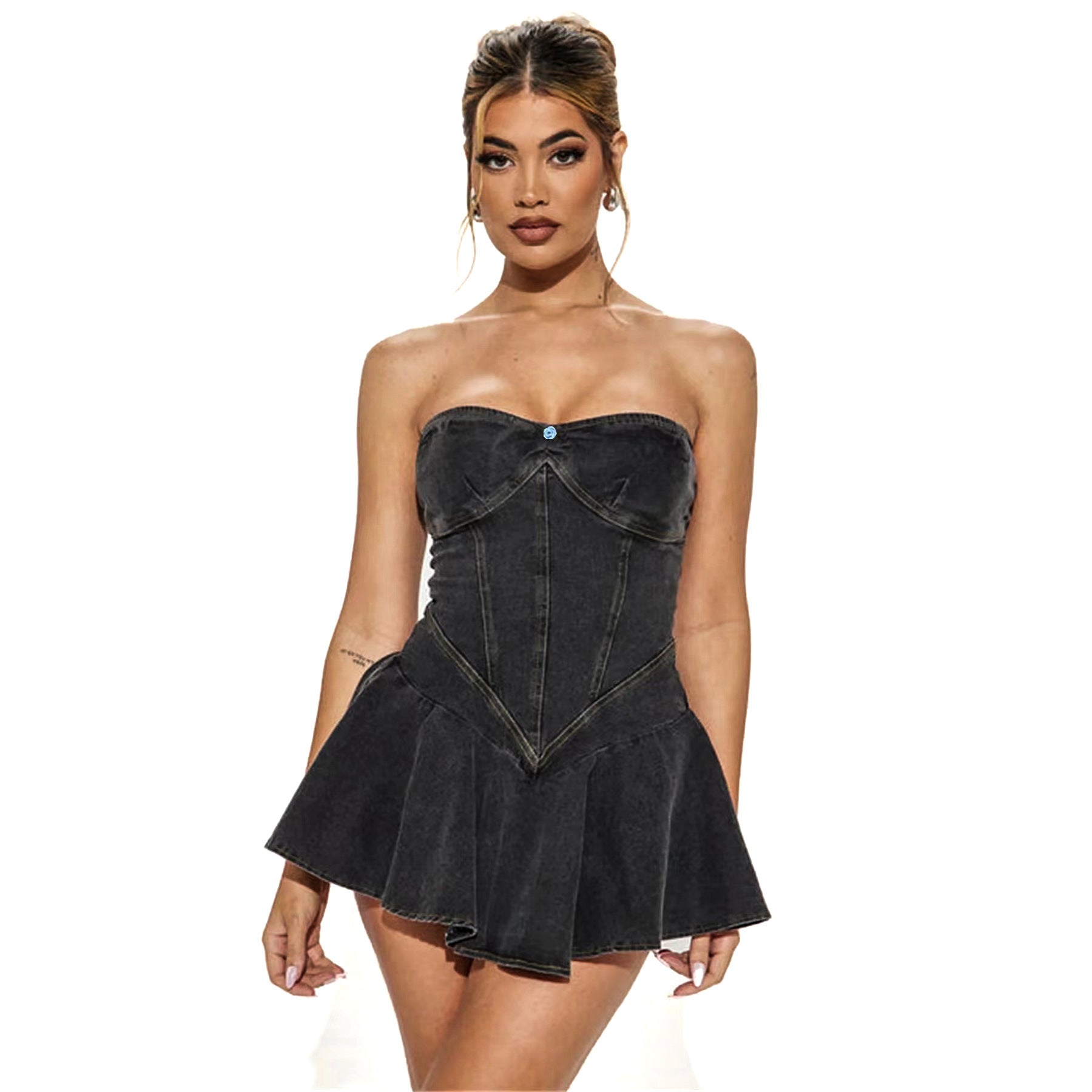 D8699Women's Fashion Sleeveless Tube Top Denim Sexy Hot Girl A Word mini Dress