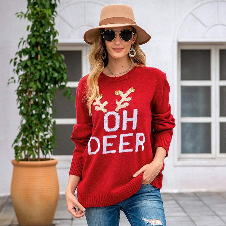 Autumn Winter Women's Christmas Long Sleeve Pullover Sweater European American Knitted Letter Bell Round Neck Holiday Sweater Christmas Limited Edition