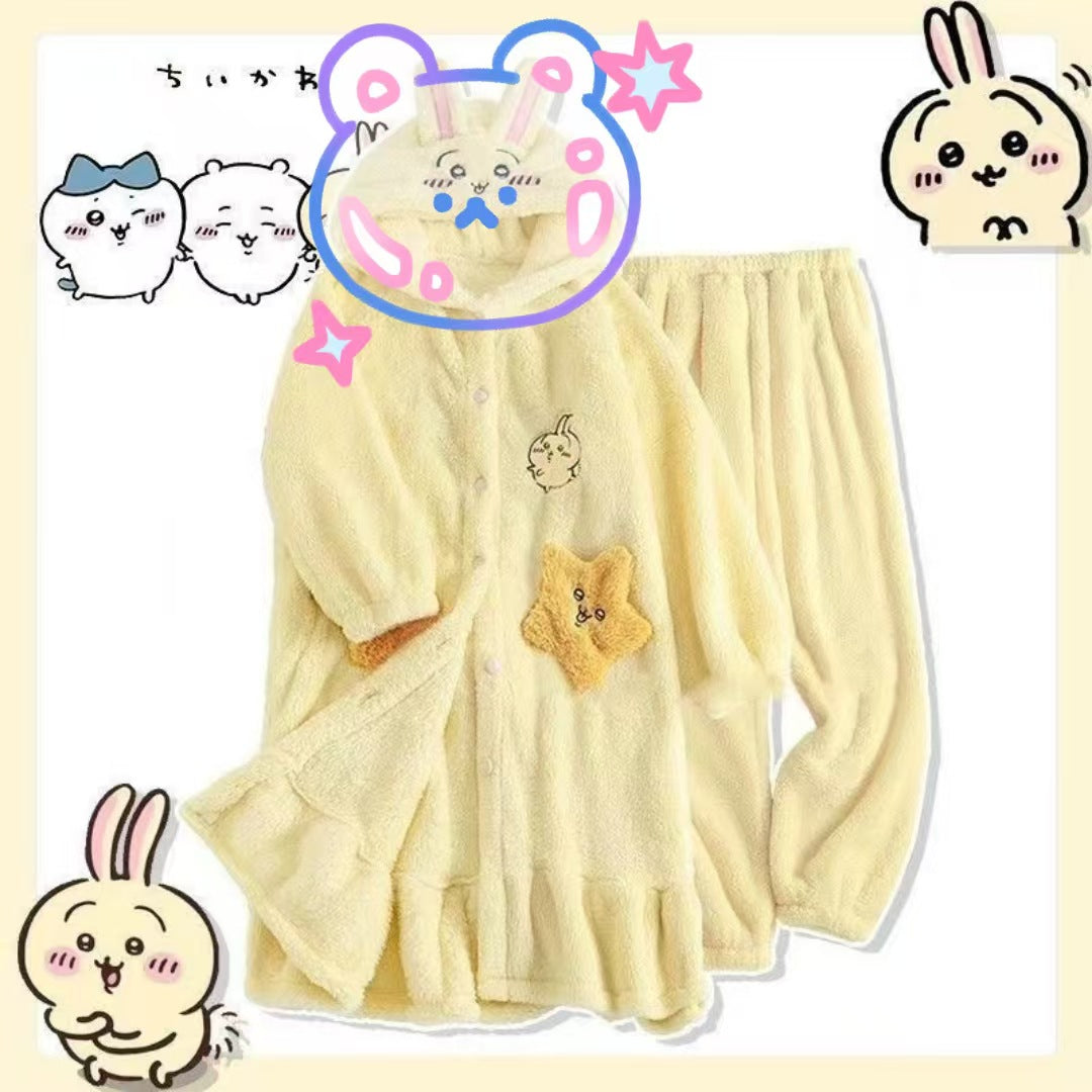 Autumn Winter Little Yellow Chicken One-Piece Pajamas Funny Cute Coral Fleece Couple Robe Unisex Homewear