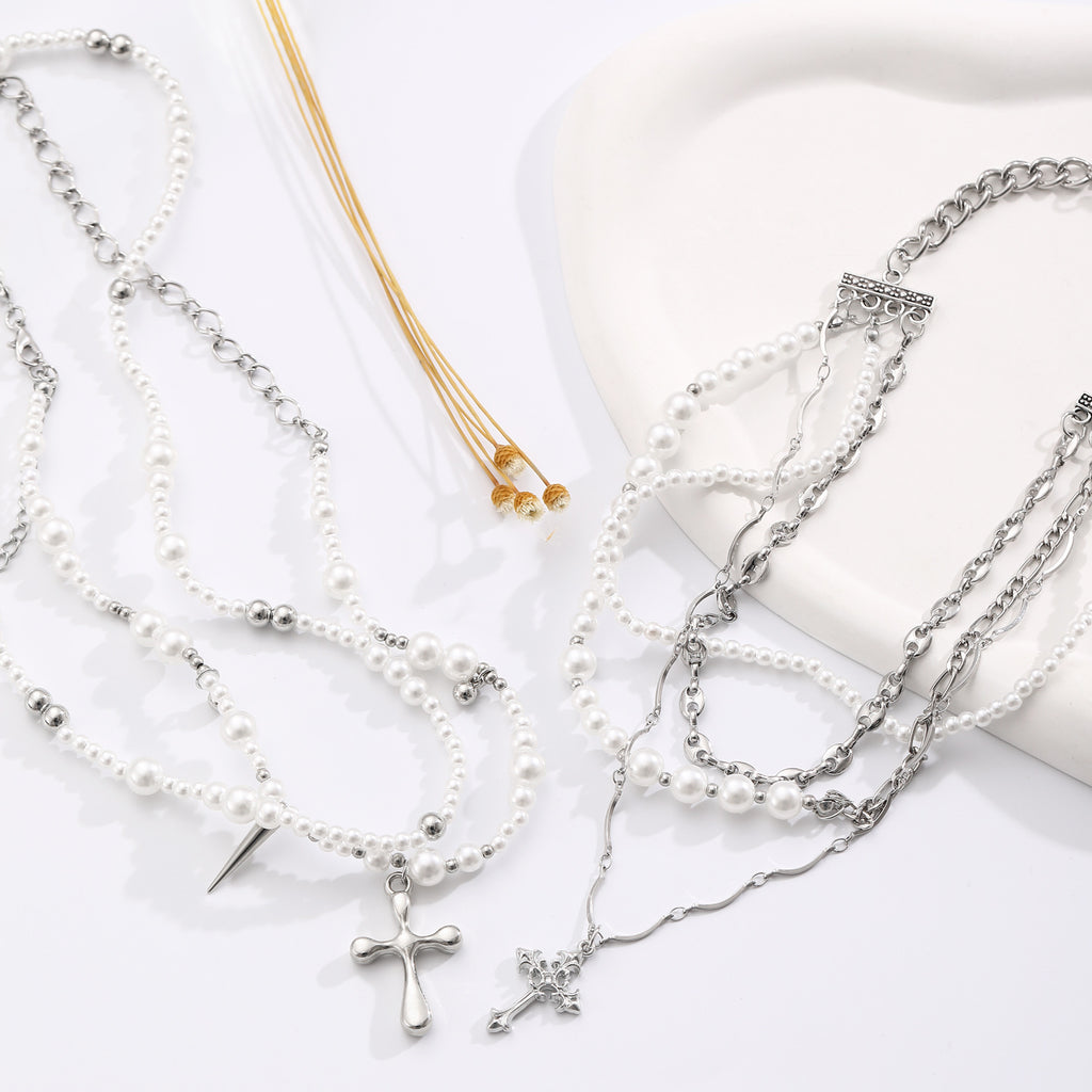 Celebrity Style Jewelry Niche Design Hot Girl Imitation Pearl Tassel Heart Cross Butterfly Versatile Necklace for Women