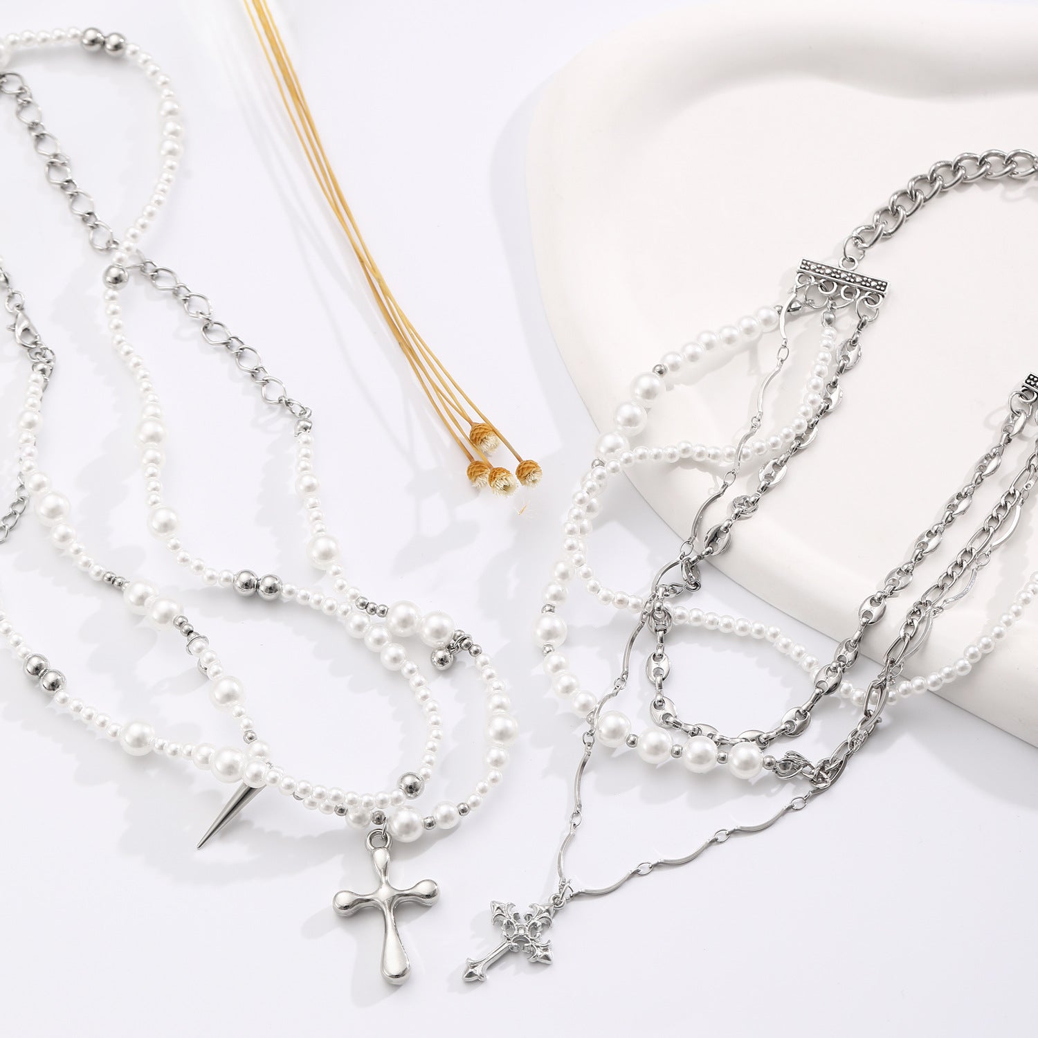 Celebrity Style Jewelry Niche Design Hot Girl Imitation Pearl Tassel Heart Cross Butterfly Versatile Necklace for Women