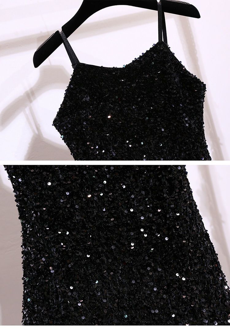 Sequin Strap Dress Little Black Dress Nightclub Black Slimming Sexy Disco Women's Short Dress Party Gathering Dress