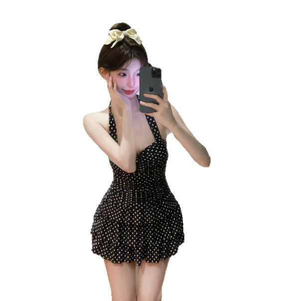 South Korea ins Vintage Classic Wave Balloon Cake Skirt Style Slimming One-Piece Swimsuit for Women with Small and Large Busts