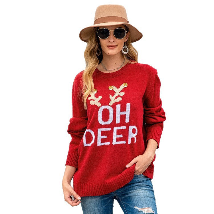 Autumn Winter Women's Christmas Long Sleeve Pullover Sweater European American Knitted Letter Bell Round Neck Holiday Sweater Christmas Limited Edition