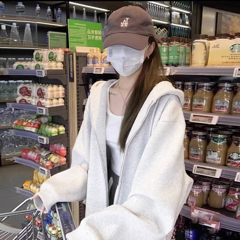 Early Autumn Women's Sweatshirt Jacket2025Spring and Autumn New Style Hooded Loose Casual Cardigan Thin Sports Fleece Top