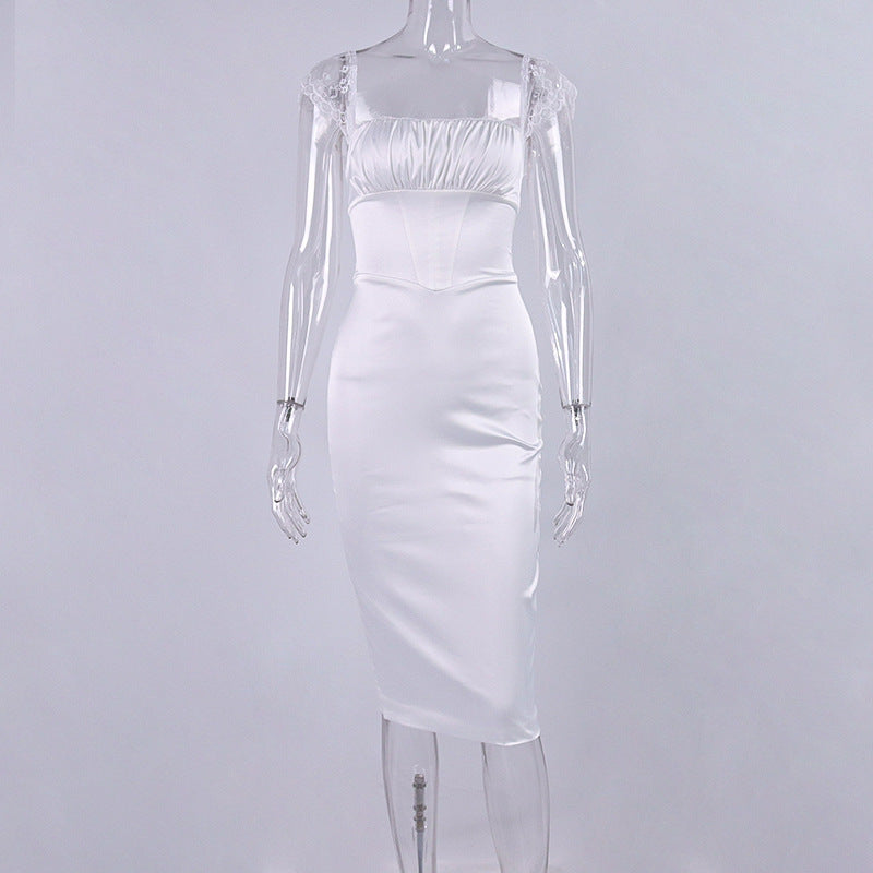 Square Neck Strap Dress Sexy Satin Lace Backless Hip-Mid Skirt Dress