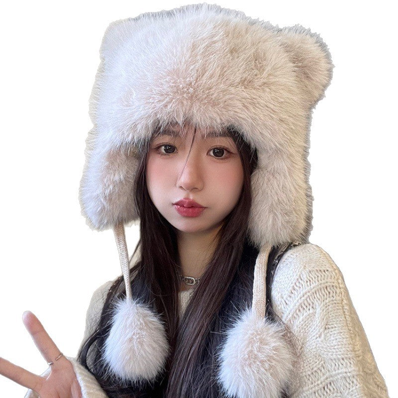 Little Bear Ear Protection Hat for Women, Autumn and Winter Warmth, Thickened with Fleece2025New Plush Cute Lei Feng Hat