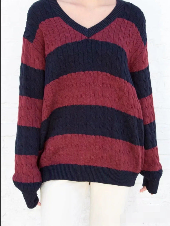 "Library Crush" Oversized Cable Knit - Preppy Striped Pullover