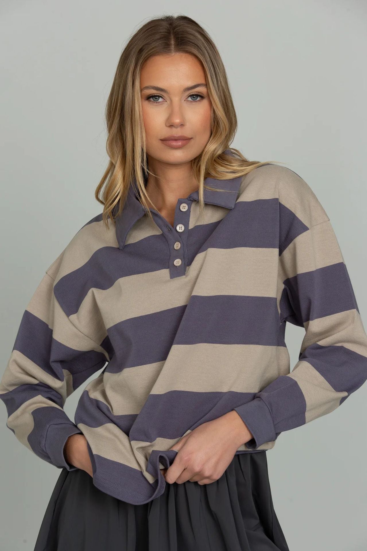 New Retro Striped Polo Shirt Sweatshirt Autumn and Winter New Loose Style Long Sleeve College Style Top