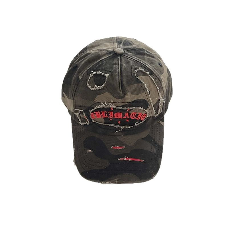 Celebrity Style Spring Summer New American Retro Distressed Camouflage Letter Baseball Cap for Women, Face Slimming Hat, Large Head Circumference Duckbill Cap