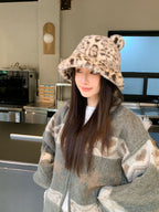 New Korean Style Casual Hat for Women Winter Cute Leopard Print Plush Fisherman Hat Korean Style Warm Versatile Student Bucket Hat