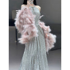 French-style Halter Neck Toasting Dress for Bride2025New Light Luxury Elegant Pink Feather Shawl Sequin Evening Dress