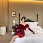Celebrity Custom High-End Fur Single-Piece Strapless Velvet Dress with Gloves and Fur Shawl European Style Evening Elegant Look