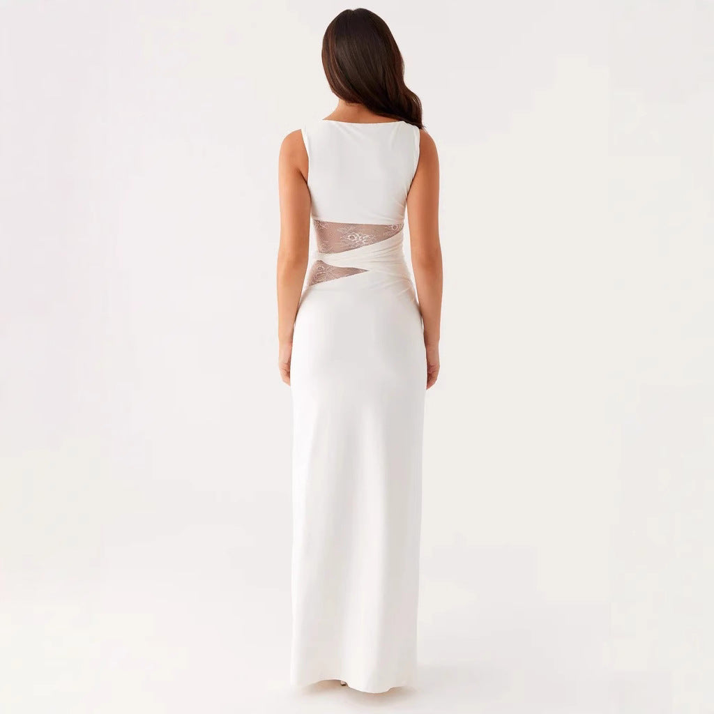 G25D047-2025Elegant Black Long Dress Slim Lace Stitching Drooping Slimming Premium Transparent