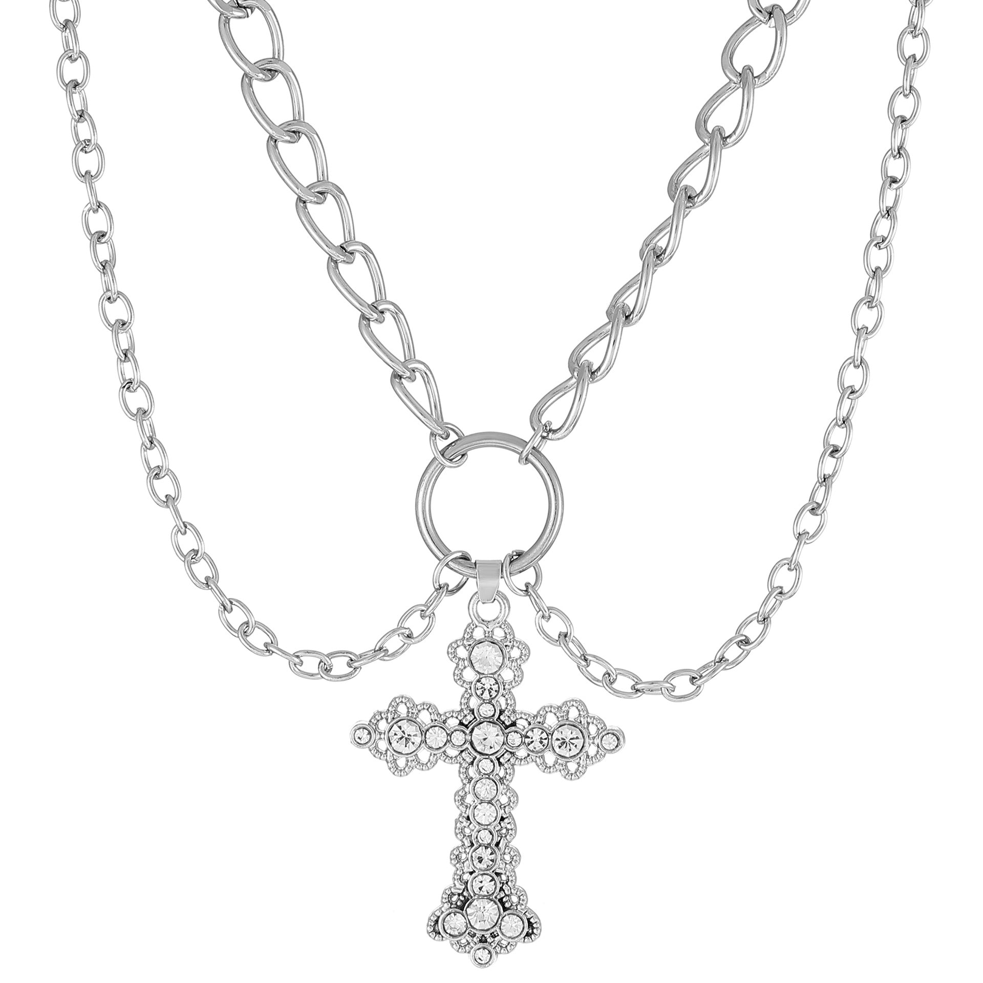 Celebrity Style Accessories ins Vintage Alloy Retro Pearl Cross Pendant Accessory Punk Versatile Multi-layer Sweater Necklace for Women Trendy
