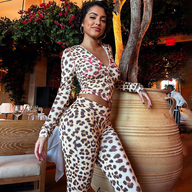 Summer New Printed Hooded Cardigan Top Leopard Print High Waist Slim Fit Long Pants Set for Women